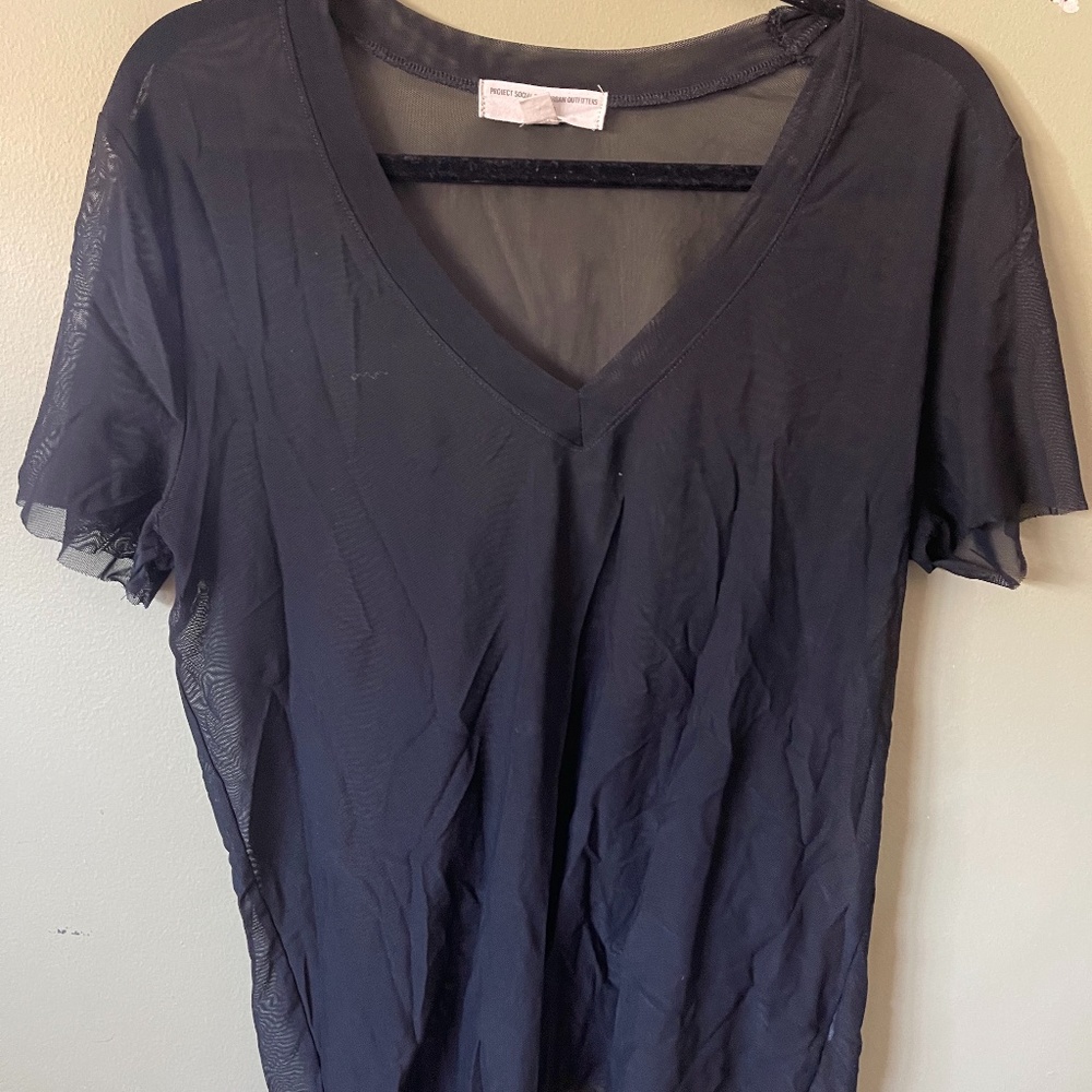 Mesh/ See-Through V-Neck Short Sleeve Top